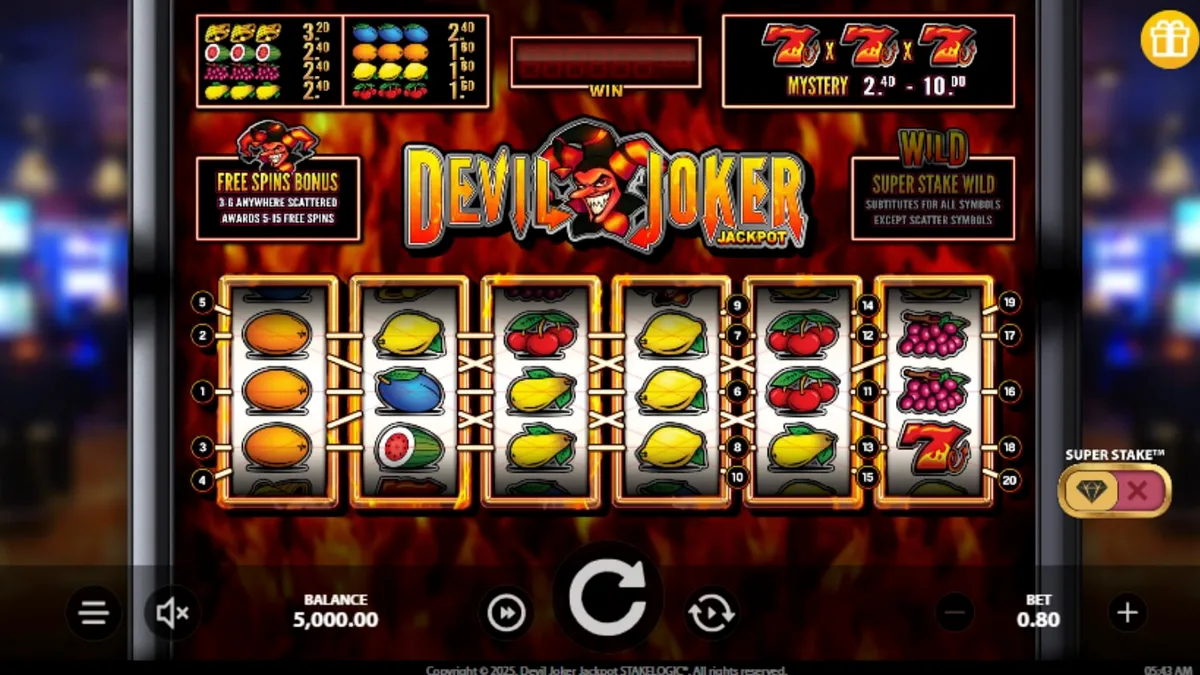 Devil Joker Jackpot slot machine interface featuring retro fruit symbols and a mischievous joker character.