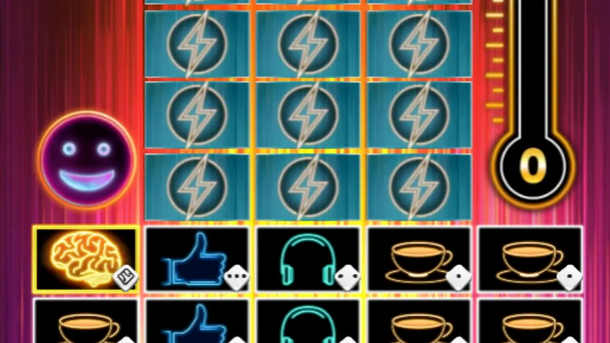 Tampilan visual neon yang memukau dari slot Dopamine Rush Dice dengan elemen arcade retro.
